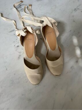 Canvas Espadrille Wedge Sandals in Natural Beige with Ankle Ties